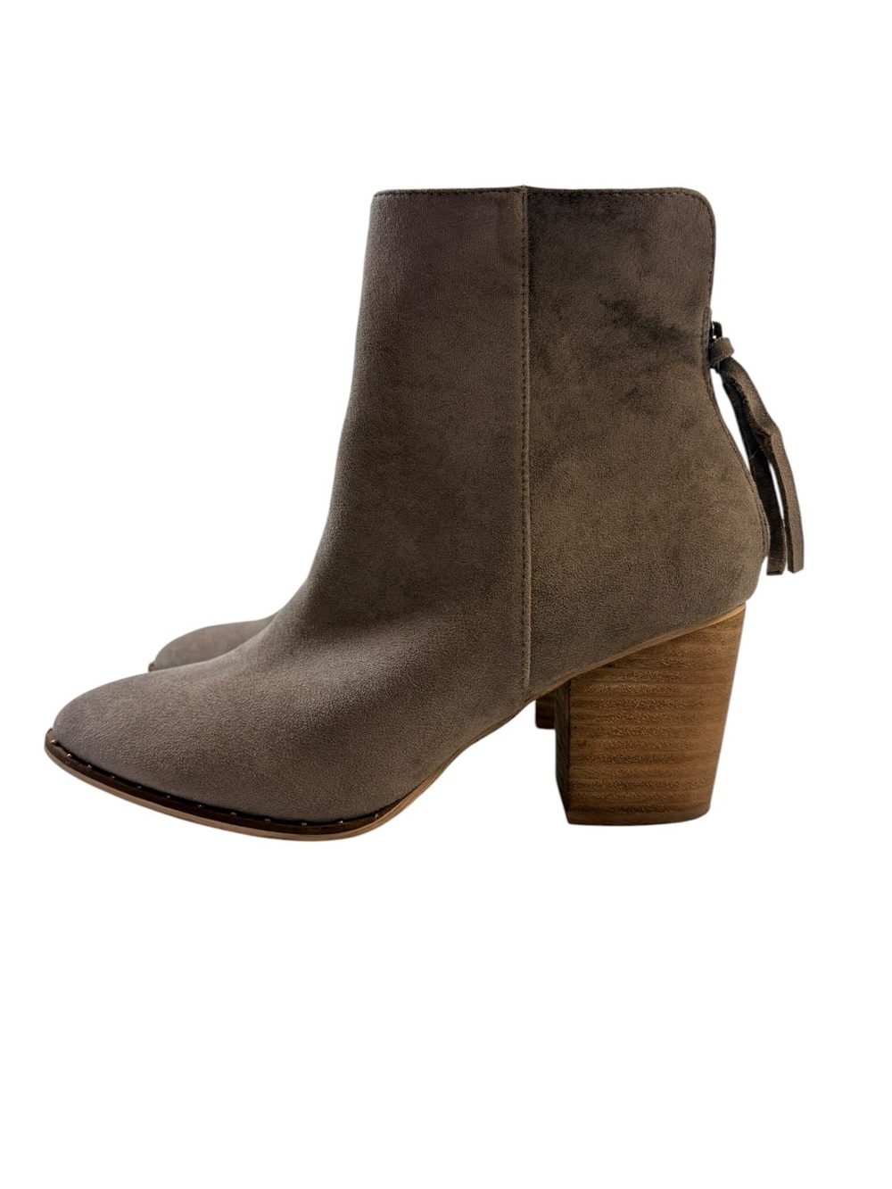 BEAST FASHION Taupe Faux Suede Tassel Block Heel Ankle Boots Sz10 NEW FLAWED